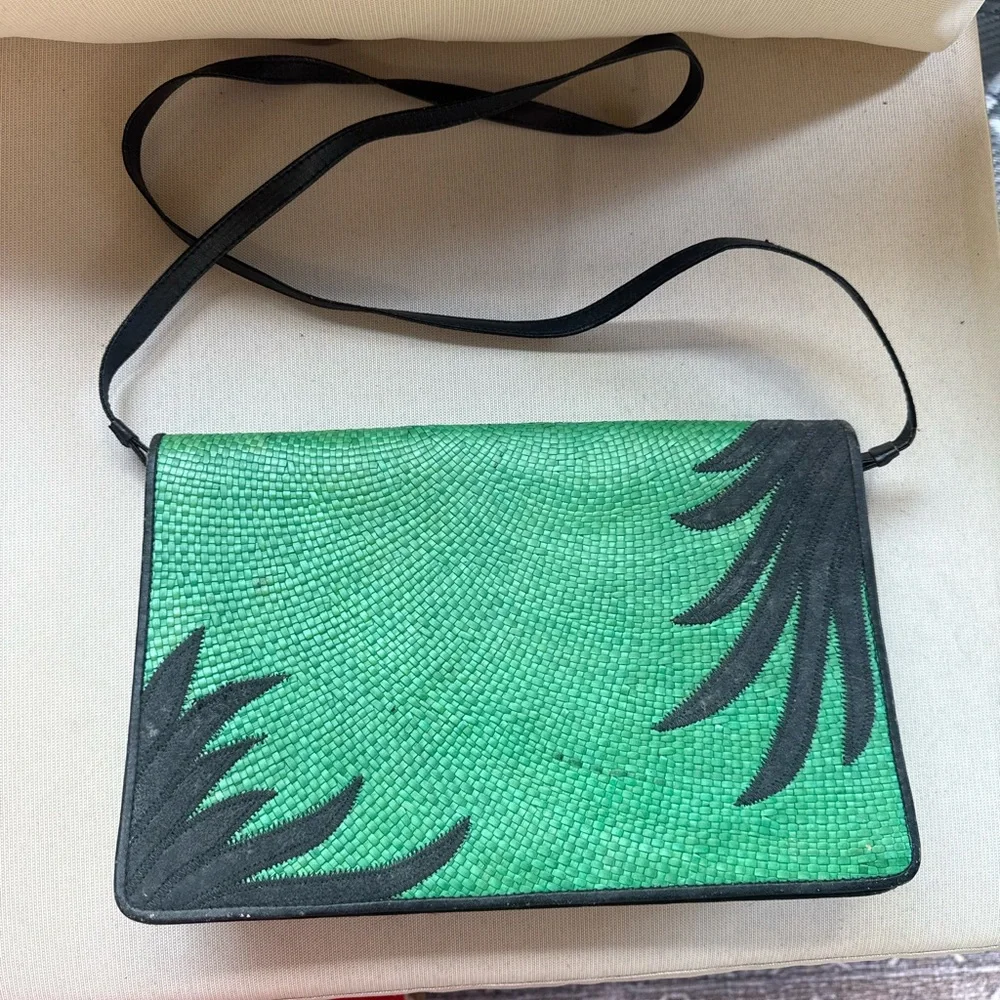 Vintage Green rattan Crossbody Bag with Black Accents